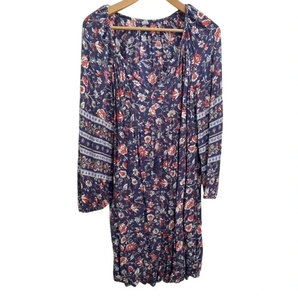 Old Navy Dress Large - Tassels Boho Floral Blue White Long Sleeves